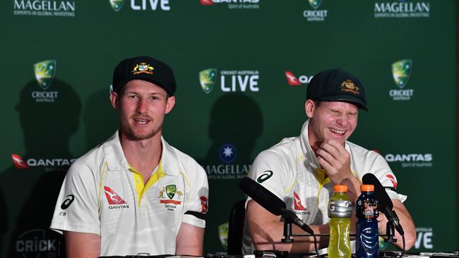 Cameron Bancroft (left) gave a hilarious account of what transpired between he and Bairstow. Steve Smith (right) was quite amused.