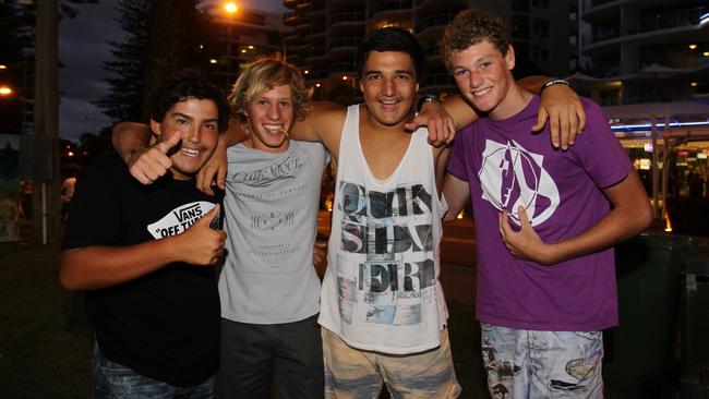 Ben Phillips, Ben Crighton, Price Imlach and Jess Howcroft celebrate New Year’s Eve on the Sunshine Coast at Mooloolaba. Picture: Cade Mooney