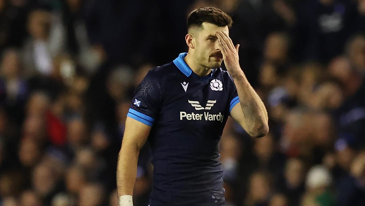 Blair Kinghorn of Scotland reacts after missing a match-winning penalty in the final minutes during the Autumn International match between Scotland and Australia at Murrayfield Stadium on October 29, 2022 in Edinburgh, Scotland.  (Photo by Ian MacNicol/Getty Images)