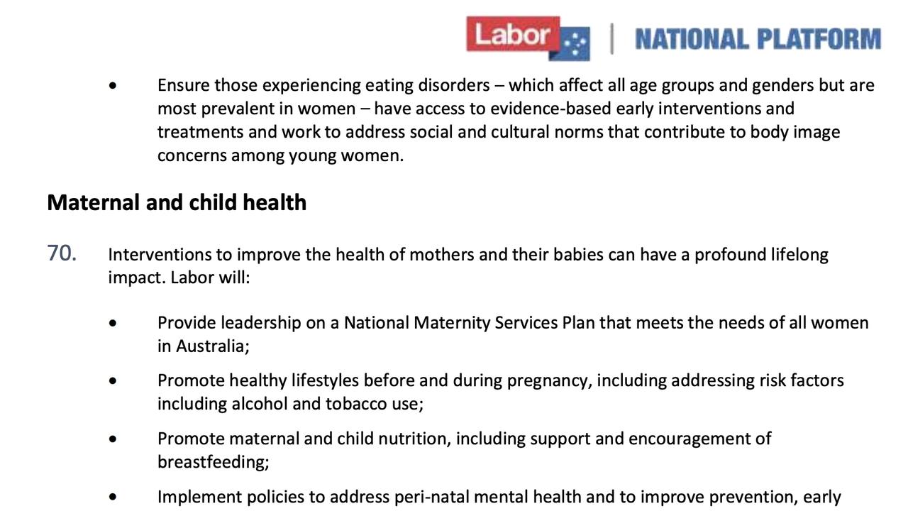 ALP 2018 national policy platform clearly references mothers, breastfeeding and support services for 'pregnant and new mothers'.