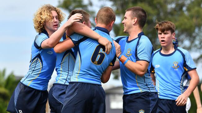 St Columban's players celebrate TAS First XV rugby schoolboy match between CHAC and St Columban's Saturday April 29, 2023. Picture, John Gass