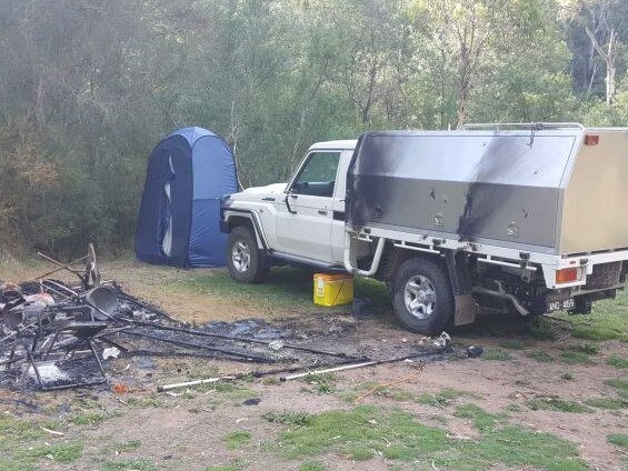 The burnt-out campsite belonging to Russell Hill and Carol Clay. Picture: ABC