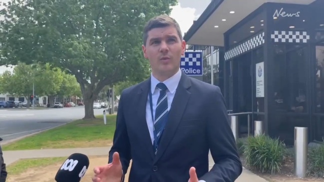 Senior Sergeant Lance Wiltshire speaks at presser outside Shepparton police station