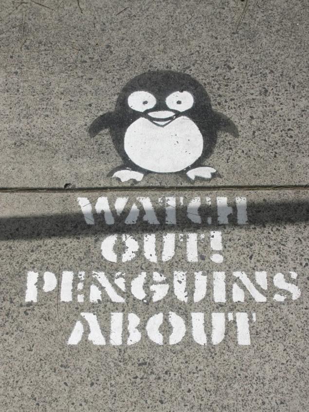 These spray-painted signs on sidewalks are used to notify pedestrians of the penguins returning from the sanctuary each night.