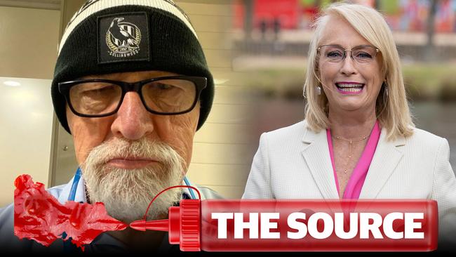 Neil Mitchell was forced to wear a Collingwood beanie after losing a bet to Sally Capp.