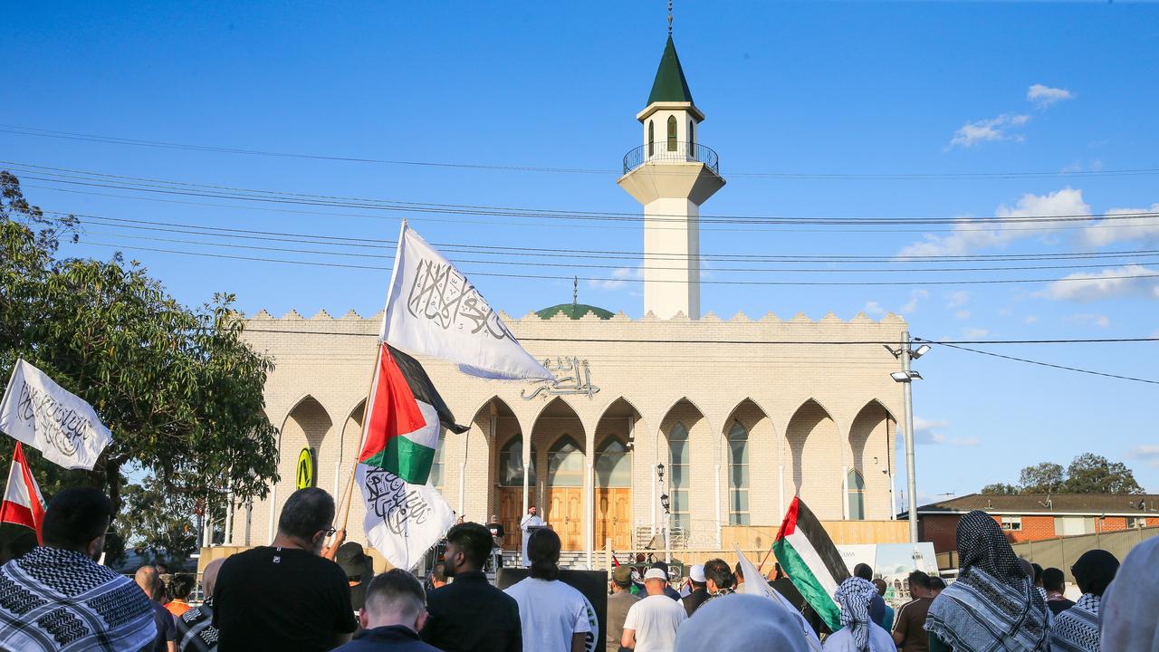 Hizb ut-Tahrir hosted a rally outside Lakemba Mosque in Sydney today with hundreds of people gathered in protest to stand for Paestine and Lebanon on the anniversary of the October 7 attacks. Picture: NewsWire / Gaye Gerard