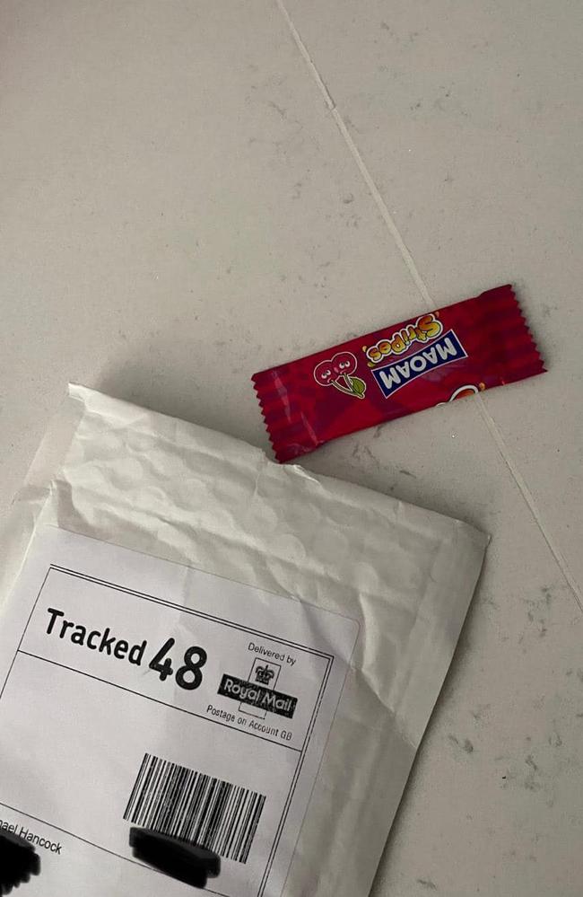 A Maoam Stripes was delivered in an English Royal Mail envelope to a woman who didn’t order it. Picture: Facebook