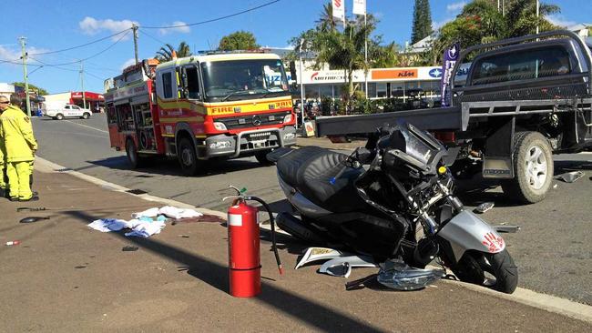 CRASH: A motor scooter rider was badly hurt when he crashed while avoiding an apparently driverless vehicle in Mellor St yesterday.