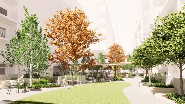 Artist impression of the communal open-space area for the Greenhill Rd project. Picture: JPE / Hill Thalis