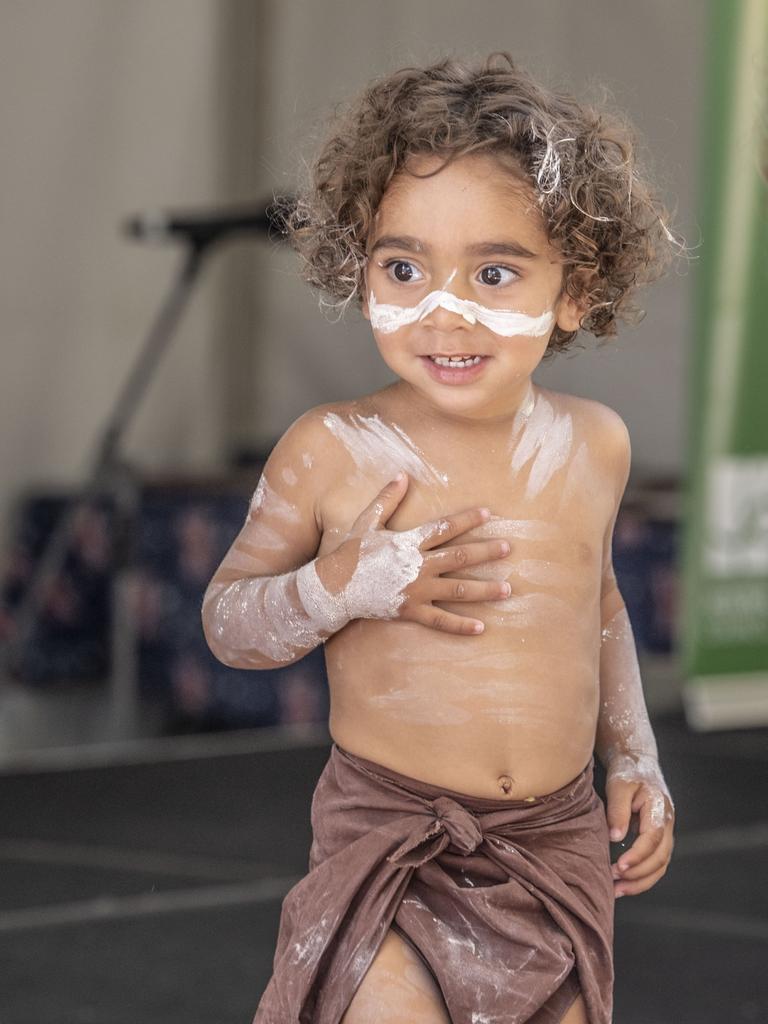 Watjala Haupt from Aboriginal dance group Mura Biri Gururu. Australia Day celebrations at Picnic Point in Toowoomba. Thursday, January 26, 2023. Picture: Nev Madsen.