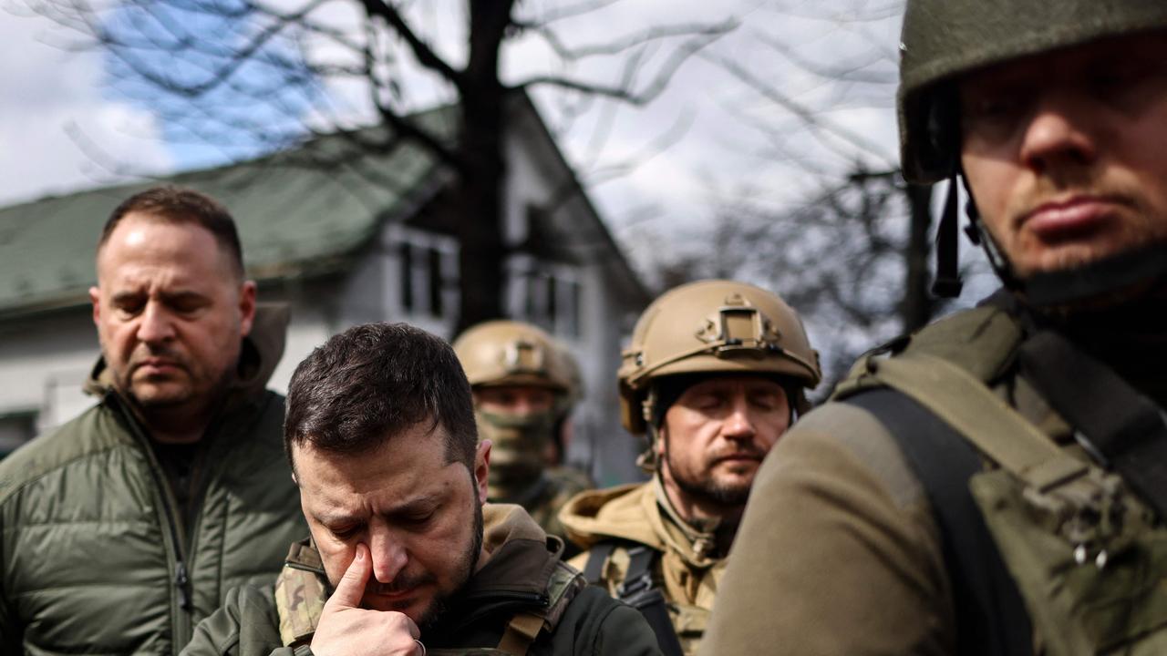 Volodymyr Zelensky walked in the town of Bucha last month. Picture: Ronaldo Schemidt/AFP