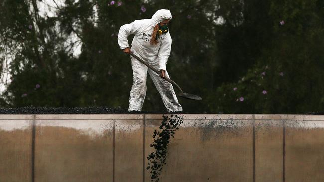 A protester on top of a loaded coal train carriage in Sandgate, Newcastle. Picture by Peter Lorimer.