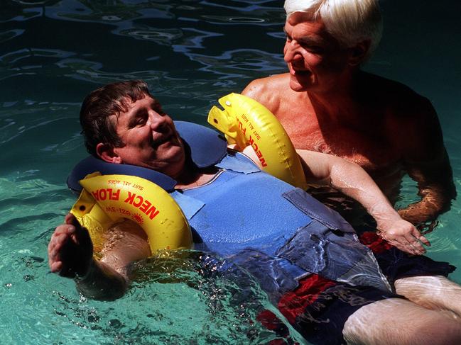 Johnny (John) Famechon &amp; Olympic swimmer Jon Konrads undergoing hydrotherapy to recover from the 1991 car accident.