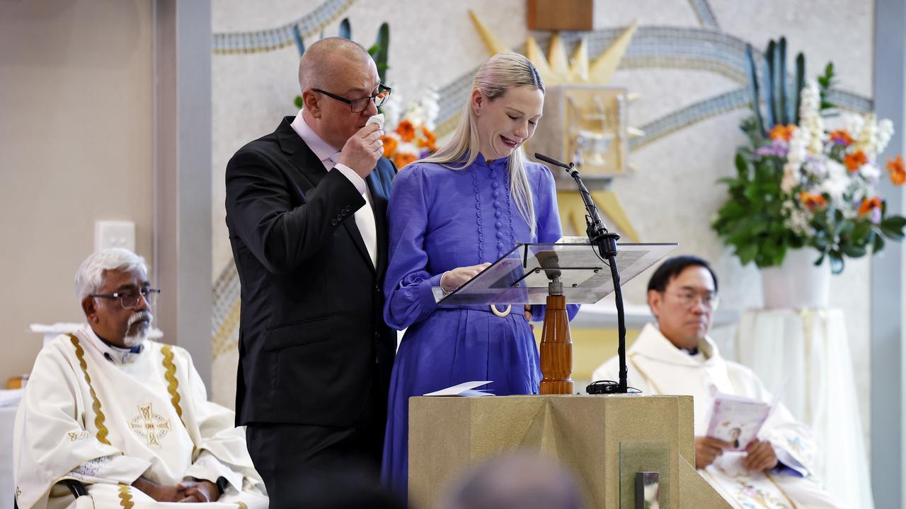 Mum Kelly and dad Matt at Charlotte’s funeral. Picture: Sam Ruttyn