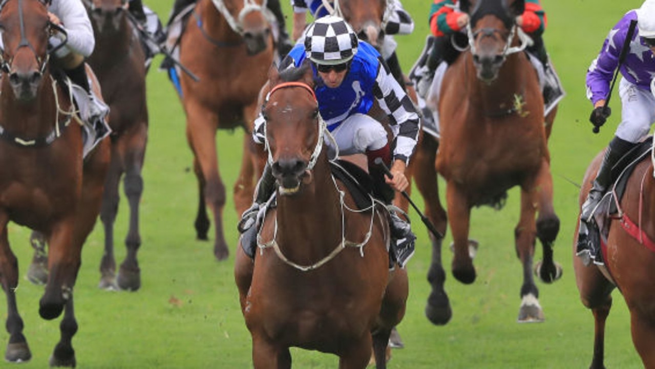 SYDNEY, AUSTRALIA - FEBRUARY 22: Hugh Bowman on Mustajeer (blue/white) wins race 6 the Parramatta Cup during Sydney Racing at Rosehill Gardens on February 22, 2020 in Sydney, Australia. (Photo by Mark Evans/Getty Images)
