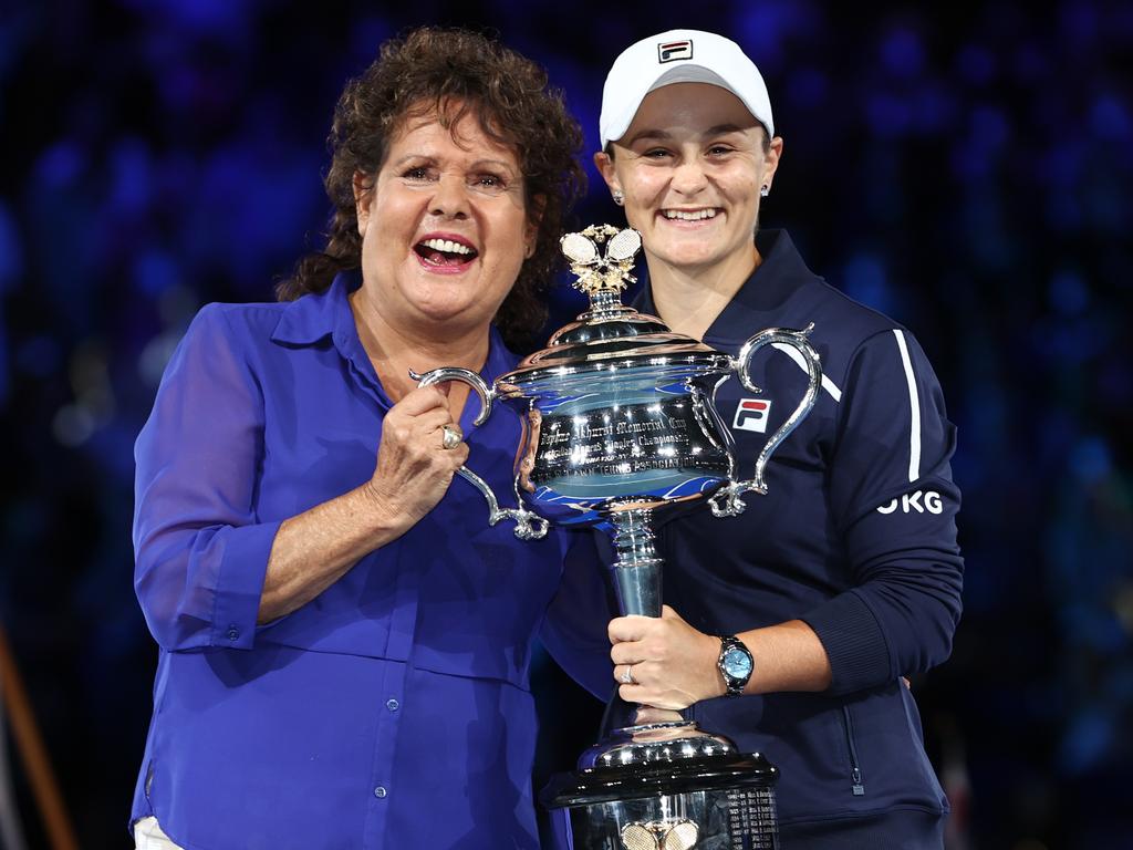 Evonne Goolagong Cawley presented Ash Barty with her AO silverware. Picture: Michael Klein