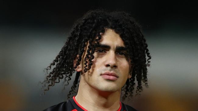 BRISBANE, AUSTRALIA - MAY 29: Isaac Kako of the Bombers warms up ahead of the round 12 AFL match between Brisbane Lions and Essendon Bombers at The Gabba, on May 29, 2025, in Brisbane, Australia. (Photo by Chris Hyde/AFL Photos/via Getty Images)