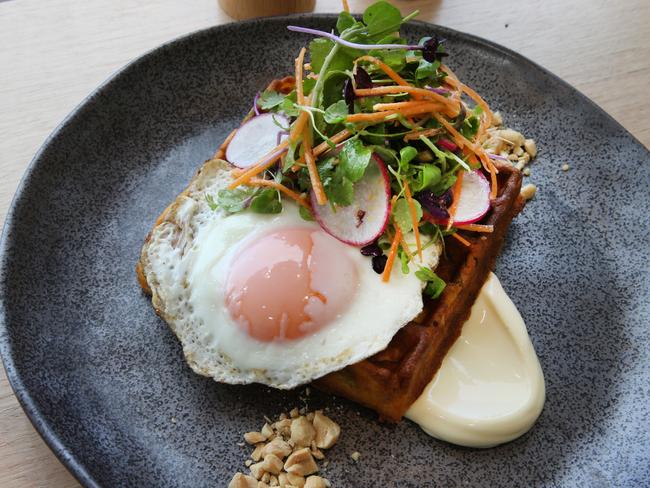 The kimchi waffle with spicy salad and toasted peanuts. Picture Glenn Hampson