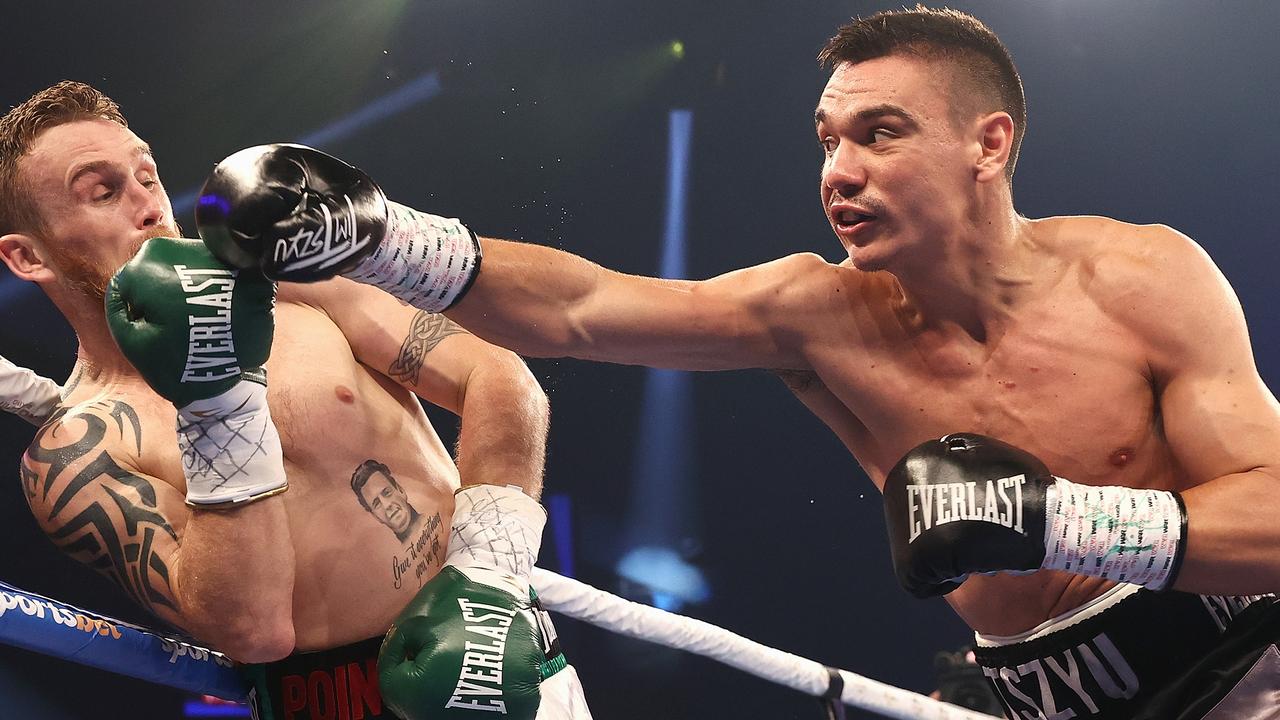Tim Tszyu punches Dennis Hogan during the WBO Global Super Welterweight title fight at Newcastle in March. Picture: Getty Images