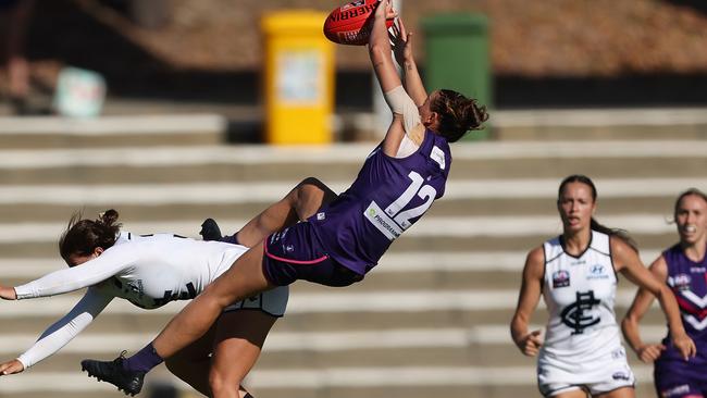 Ebony Antonio flies for a mark at Fremantle Oval. Picture: Getty Images