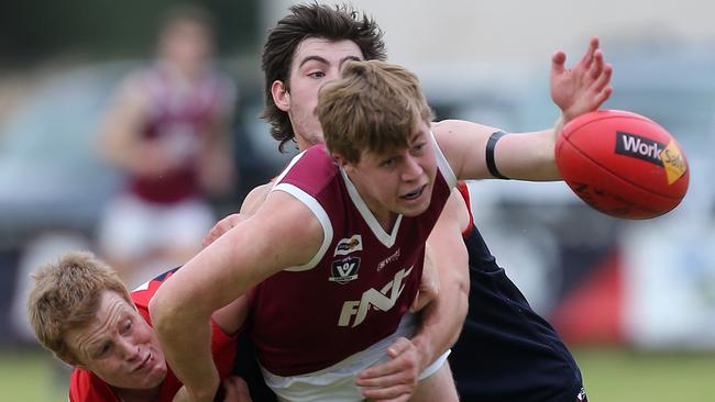 North Central FL, Round 6, Wycheproof-Narraport V Nullawil, at Wycheproof, Boe Bish, 19, Jack McHutchinson, 30,  Wycheproof-Narraport Demons  &  Billy Forrester, 33, Nullawil,   Picture Yuri Kouzmin