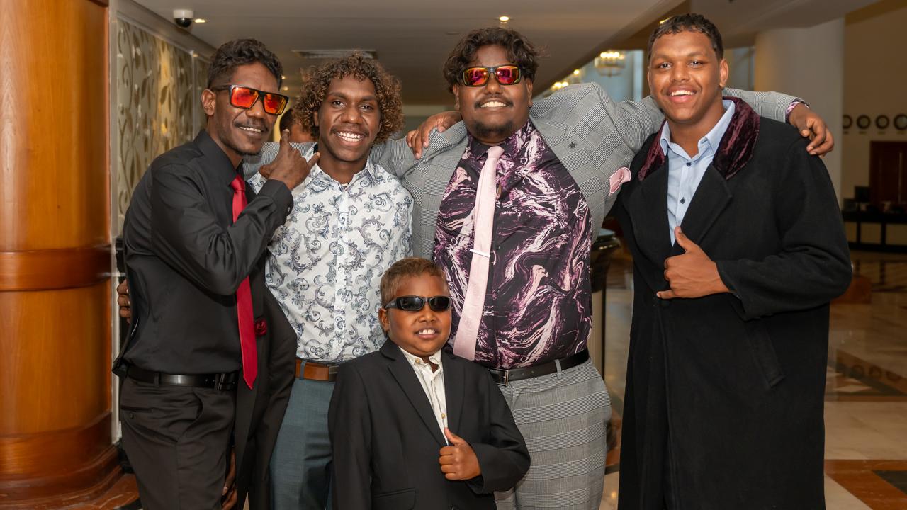 Lancan Joshua, Stephen Wilson, Ricky Wayne, Neno Franc and Quinston Watson arrive at the Pullman International for the Djarrugun College formal. Picture: Emily Barker.