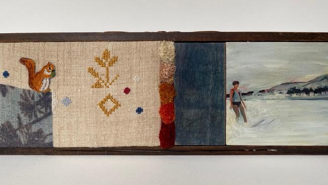 Oksana Waterfall, Border Art Prize 2020 $3000 winner, The girl from Kyiv 2020, oil, embroidery thread, vintage hemp fabric and solar print in vintage sewing machine drawer, 12 x 36cm. Picture: SUPPLIED