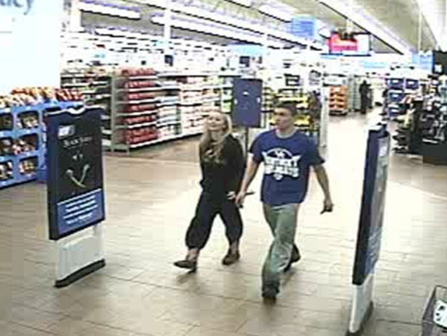 Surveillance footage ... Dalton Hayes and Cheyenne Phillips leave a South Carolina Wal-Mart. Picture: AP Photo/Wal-Mart Inc. via The Grayson County (Kentucky) Sheriff's Office
