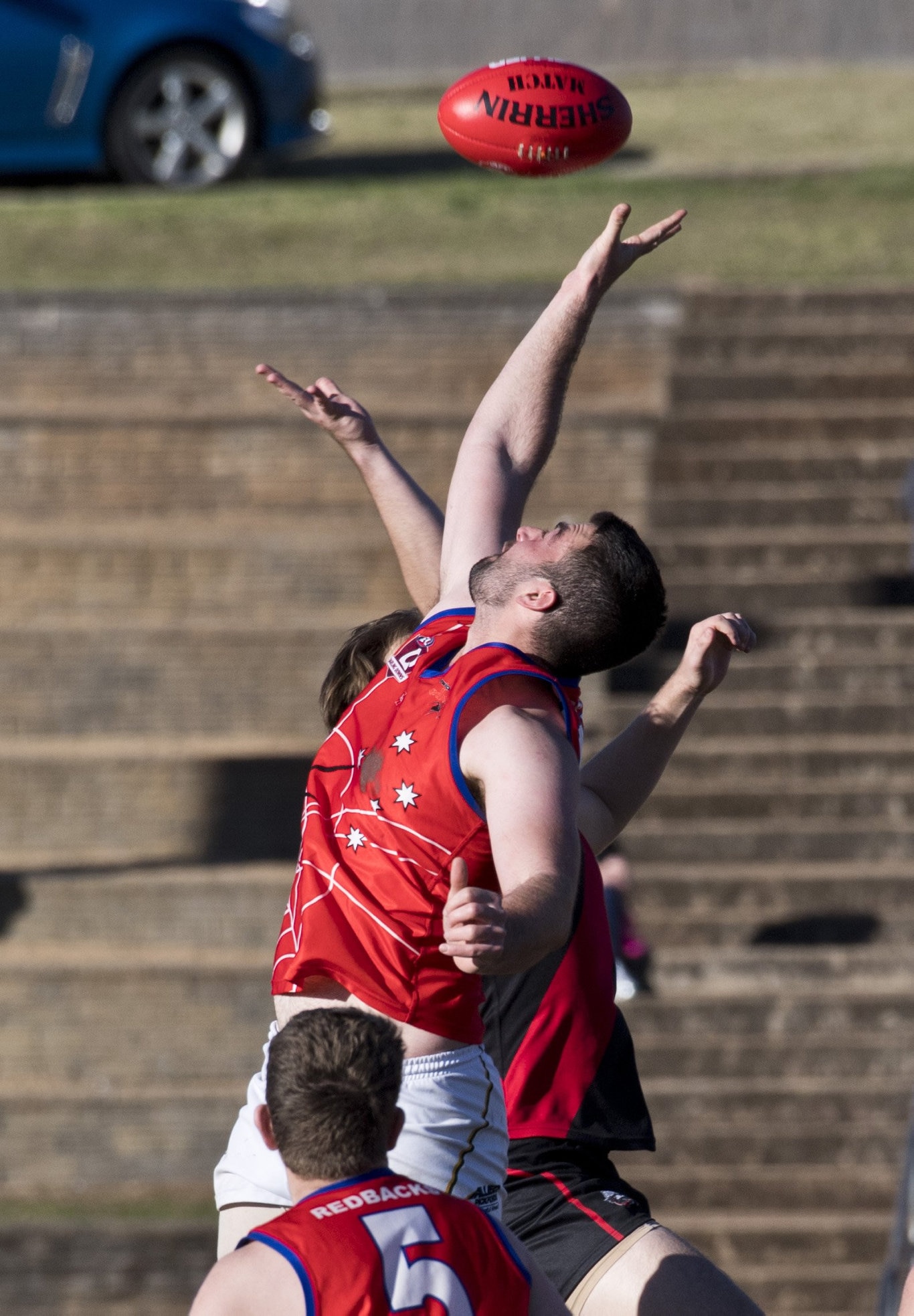Tyler Gilmore, Bombers and Carmelo Citrigno, Warwick. Picture: Nev Madsen