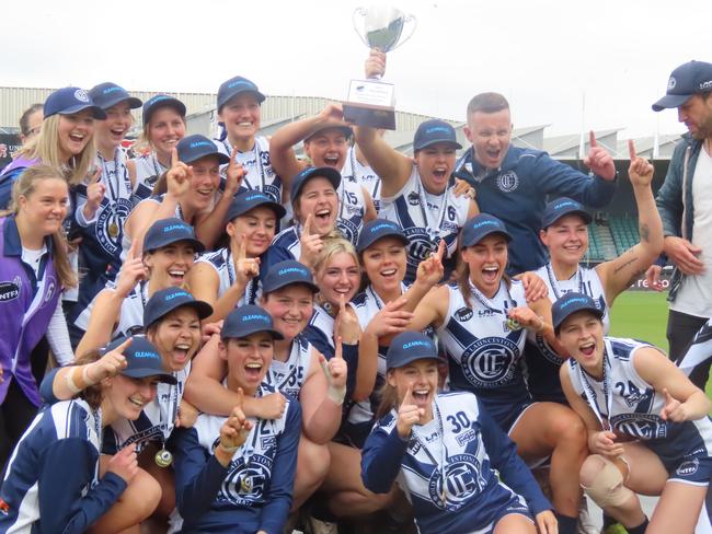 Old Launcestonians celebrate with the silverware after claiming their maiden NTFA premier women's flag in last year’s grand final against Bridgenorth. Picture: Jon Tuxworth