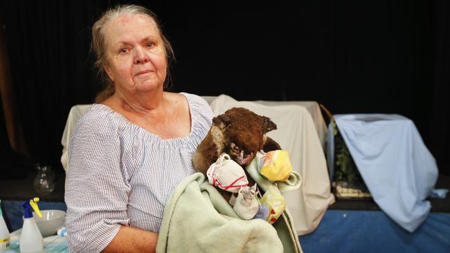 Wildlife carer Sue Johns holds a male koala who has burns to his paws and body. Picture: David Caird