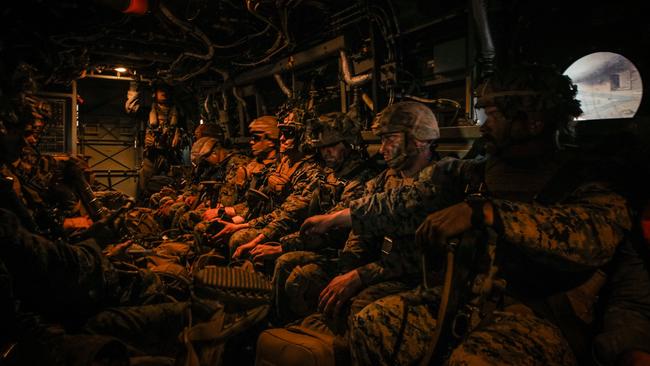 US Marines depart Nackaroo Airfield aboard a MV-22 Osprey following Exercise Loobye. Picture: Glenn Campbell