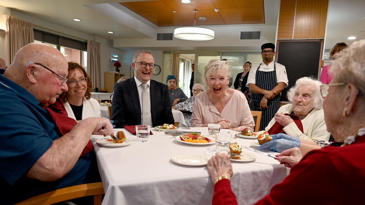 Prime Minister Anthony Albanese, at Eldercare Seaford with celebrity cook Maggie Beer, has reforms of aged care on the government’s agenda. Picture: NewsWire