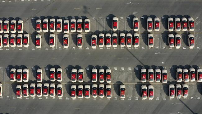 A drone image shows taxis parked in a lot in the Emirate of Dubai. Picture: AFP