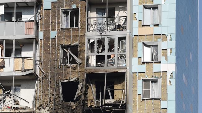 A damaged residential building following a drone attack by Ukrainian forces on Ramenskoye in the Moscow region. Picture: AFP