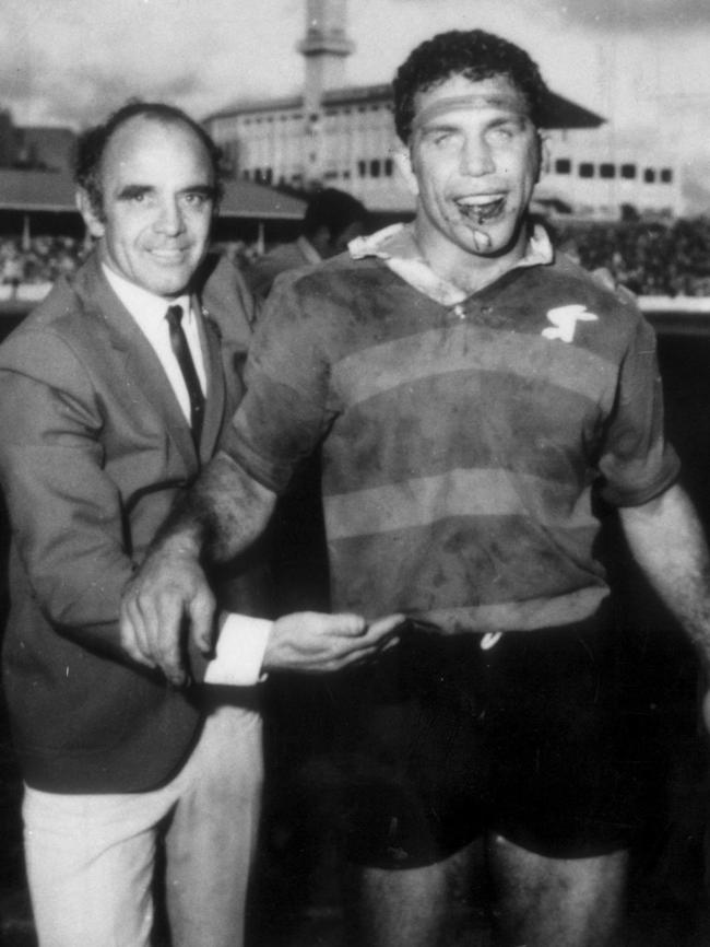 Two legends: Clive Churchill and captain John Sattler celebrate after Souths beat Manly in 1970 Grand Final at the SCG