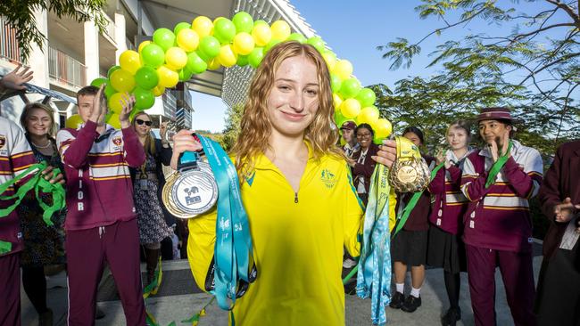 Students welcome Commonwealth Games swimmer Mollie O'Callaghan at St Peters, Springfield, Monday, August 15, 2022 – Picture: Richard Walker