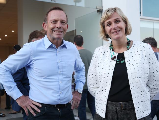 Then Warringah MP Tony Abbott with Zali Steggall during the 2019 federal election campaign. Picture: David Swift.