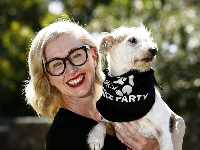 Animal Justice party candidate Anita Finlayson with Dougal.