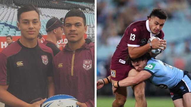 Left: Tino Fa’asuamaleaui alongside David Fifita as teenagers representing Queensland. Right: Tino Fa’asuamaleaui of the Maroons is tackled during game two of the 2020 State of Origin series between the New South Wales Blues and the Queensland Maroons. Picture: Mark Kolbe