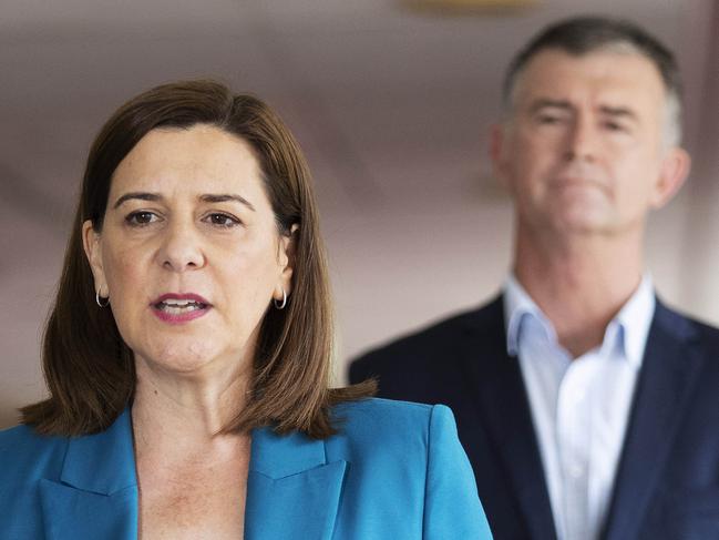 LNP Leader Deb Frecklington and LNP Deputy Leader Tim Mander address media at Parliamentary Annexe. Alice St, Brisbane, 14th of June 2020. (News Corp/Attila Csaszar)