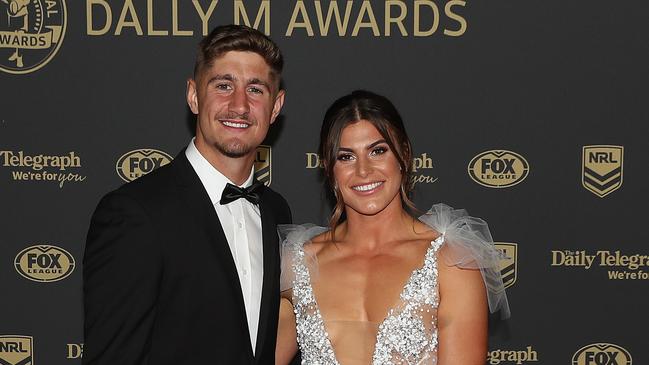 Dragons player Zac Lomax and partner Jessica Sergis at the Dally M’s. Pic: Brett Costello