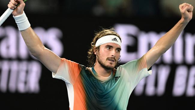 Stefanos Tsitsipas celebrates after beating Jannik Sinner. Picture: AFP Images