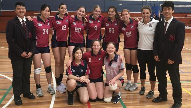Brisbane State High School Year 10 A volleyball side celebrates a victory against Ipswich Girls Grammar School in Brisbane. Picture: Supplied