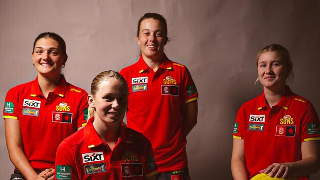 Gold Coast Suns quartet Darcie Davies, Sienna McMullen, Jamie Stanton and Wallis Randell have all signed contract extensions, committing to the club until at least 2025. Picture: Gold Coast Suns.