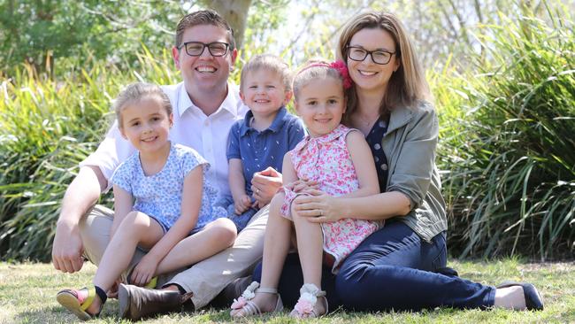 Jerome Laxale and wife Karyn with twins, Madeline (left) and Amelie and son Harry in 2017. Picture: AAP