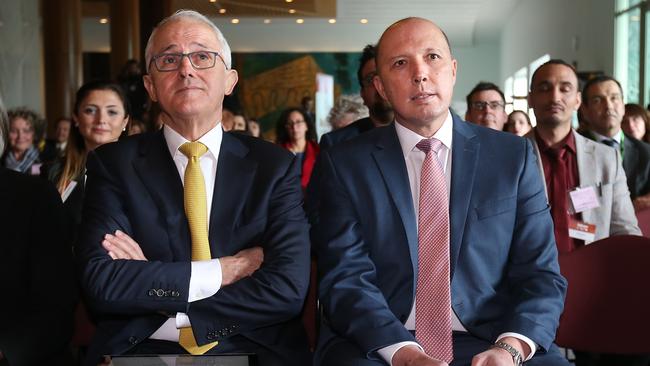 PM Malcolm Turnbull and Home Affairs Minister Peter Dutton attending a Refugee Week Event at Parliament House in Canberra. Picture: Kym Smith