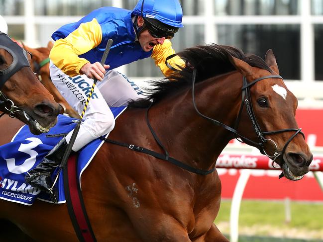 MELBOURNE, AUSTRALIA - SEPTEMBER 29: Jockey Brad Rawiller rides Black Heart Bart  to win race 7 the Hyland Race Colours Underwood Stakes during Underwood Stakes Day at Caulfield Racecourse on September 29, 2019 in Melbourne, Australia. (Photo by Kelly Defina/Getty Images)