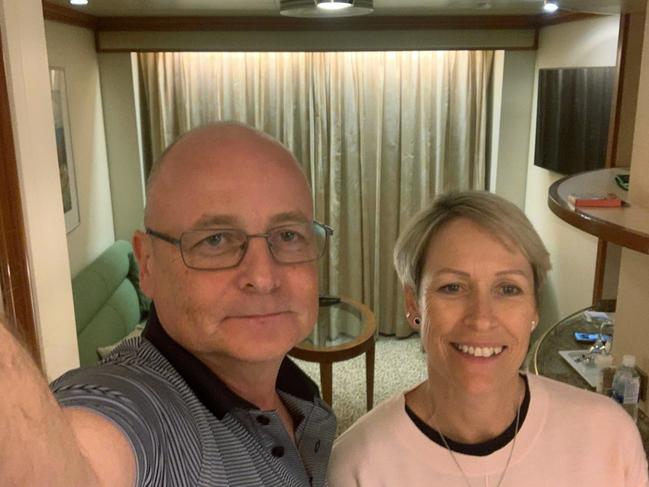 Cairns couple Paul and Jacqui Fidrmuc on board the Diamond Princess cruise ship off Japan. The couple face more days of coronavirus quarantine on the cruise ship. Picture: AAP