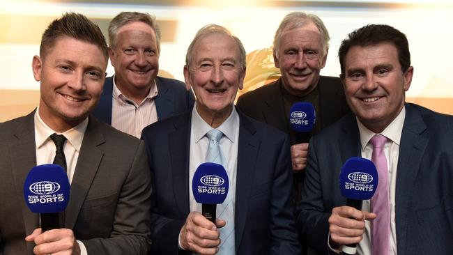Mark Taylor (right) with fellow Channel Nine commentators (l-r) Michael Clarke, Ian Healy, Bill Lawry and Ian Chappell.